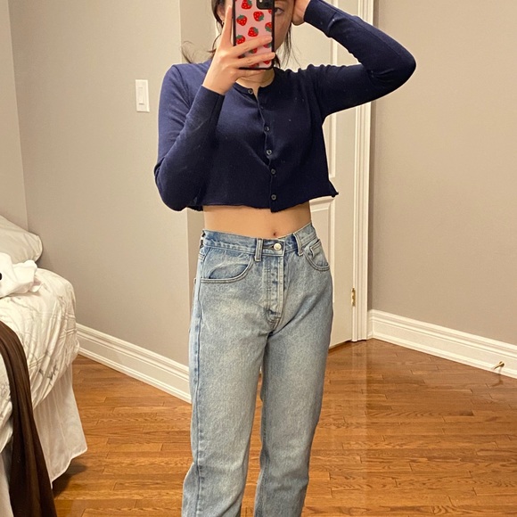 Navy button cropped cardigan - Picture 2 of 9